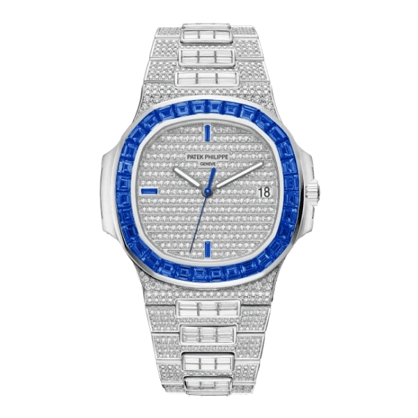 Patek Philippe Nautilus 5711/1A 40mm Demi Baugette Blue Full Moissanite HongKong – Customize Diamod