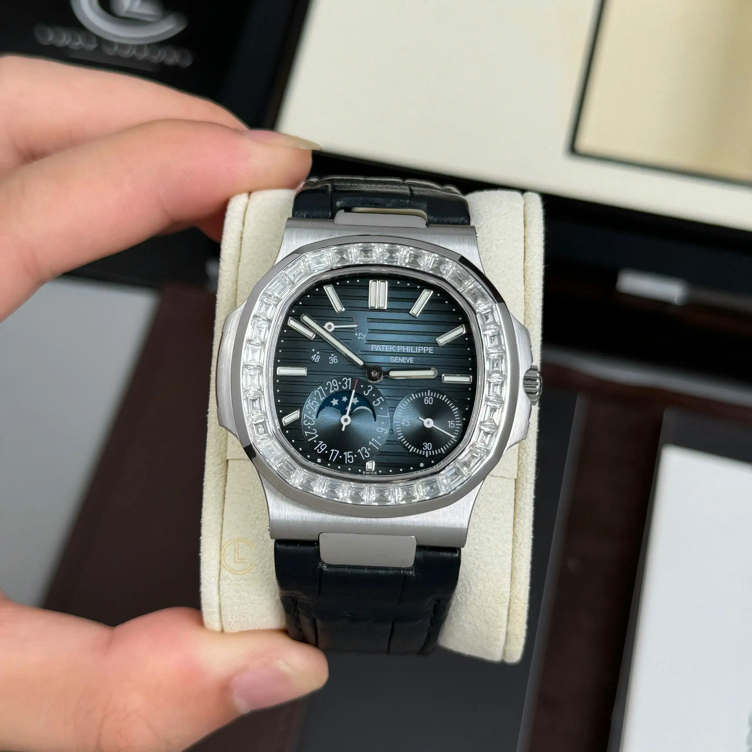Patek Philippe Nautilus 5722G-001 40mm Custom Moissanite Baugette Blue Dial – Handcrafted Diamond