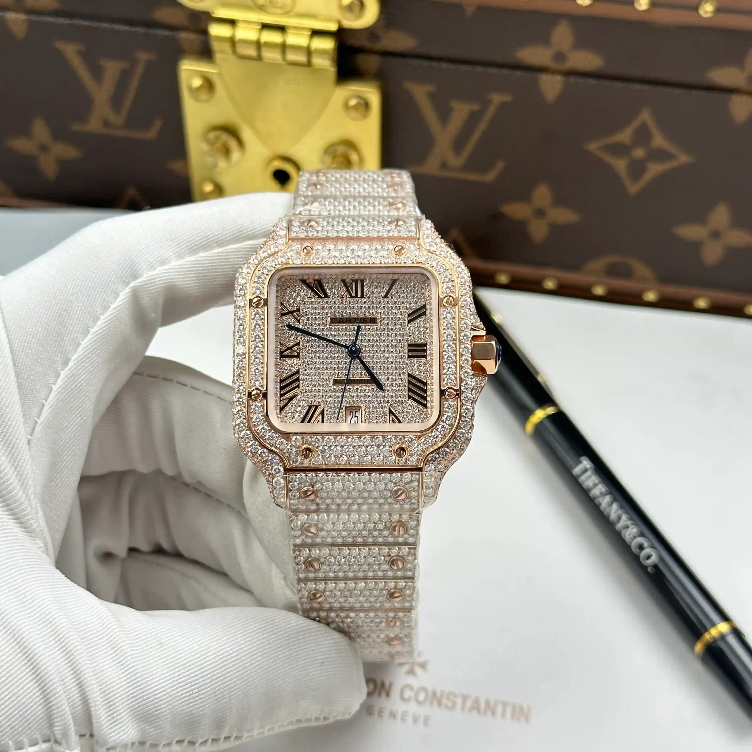 Cartier Santos de Cartie Larger Full Diamond Rose Gold 39.8mm – Handcrafted Diamod