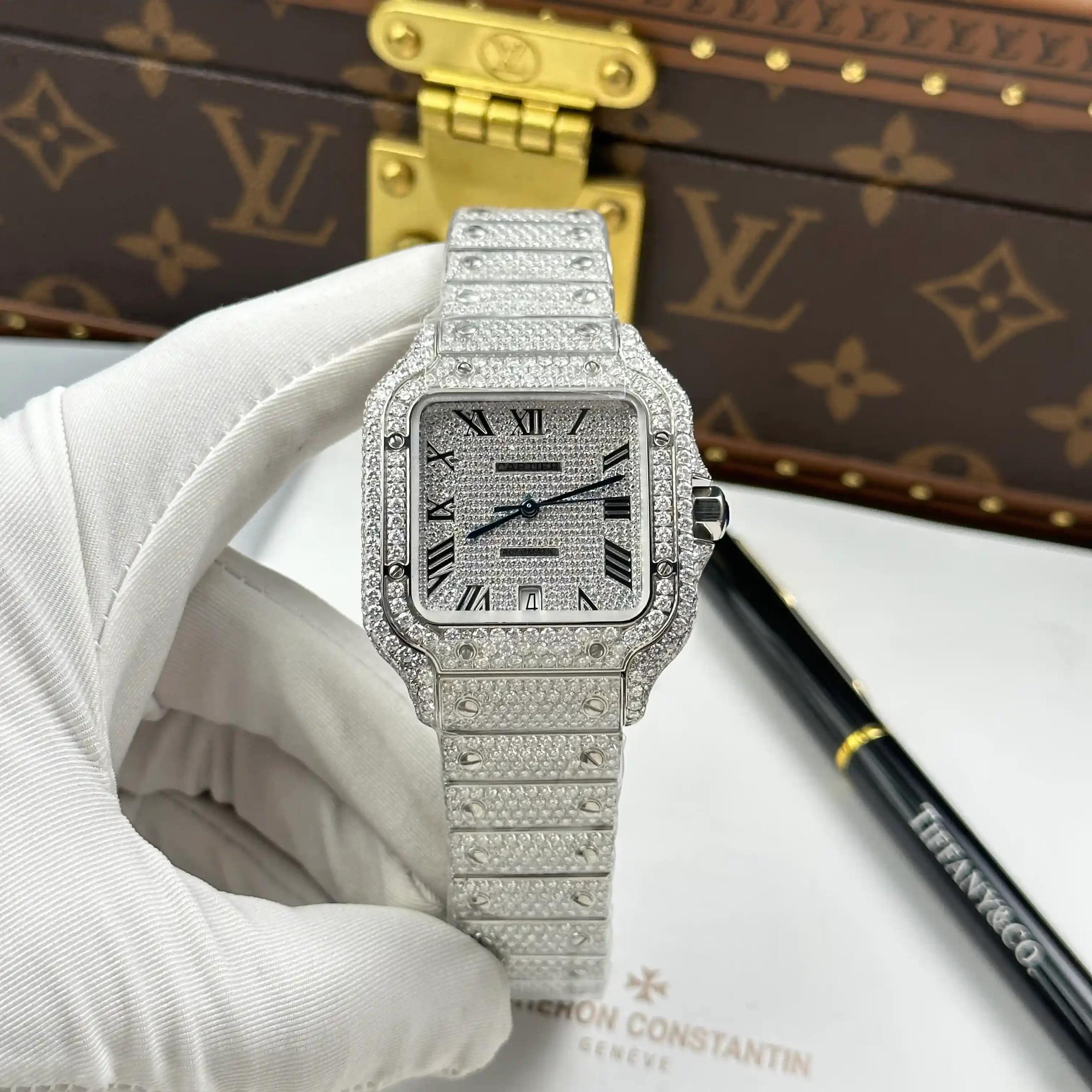 Cartier Santos de Cartie Larger Full Diamond 39.8mm – Handcrafted Diamod